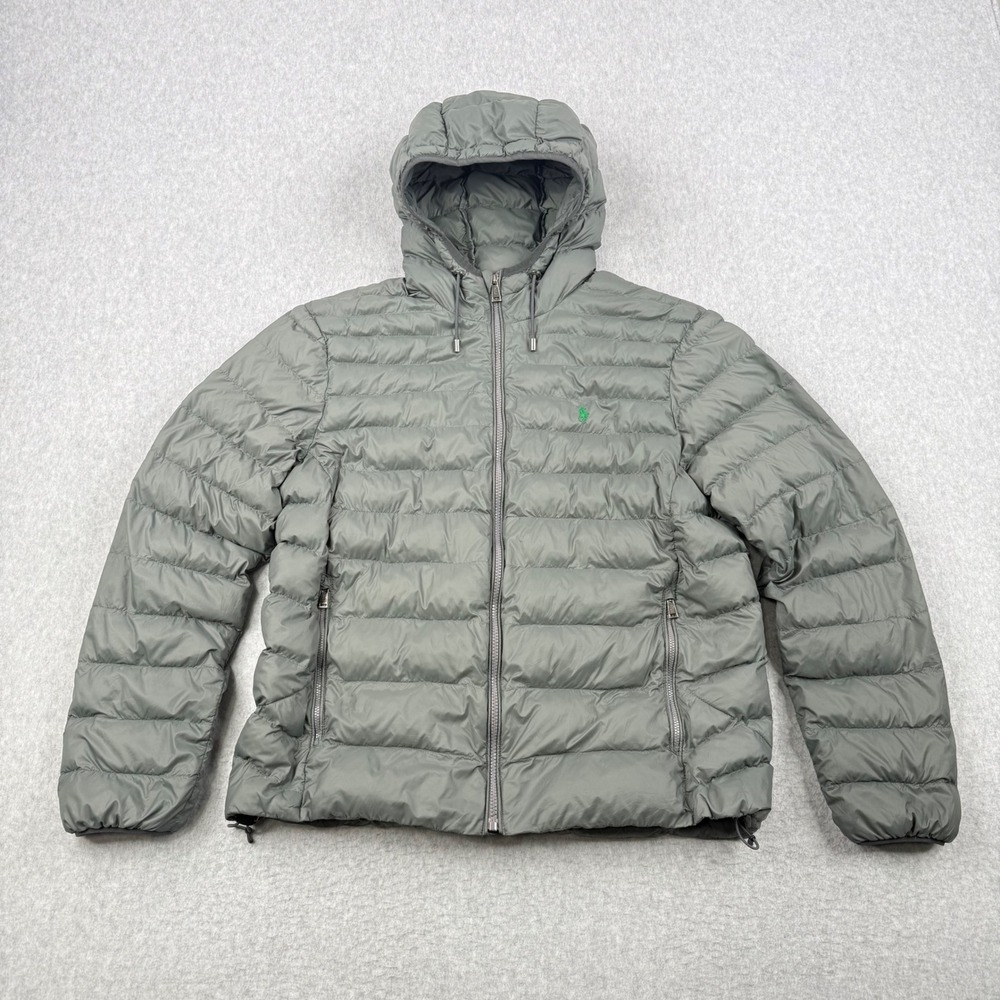 Polo Ralph Lauren Jacket Mens Large Olive Green Quilted Puffer Hooded Full Zip